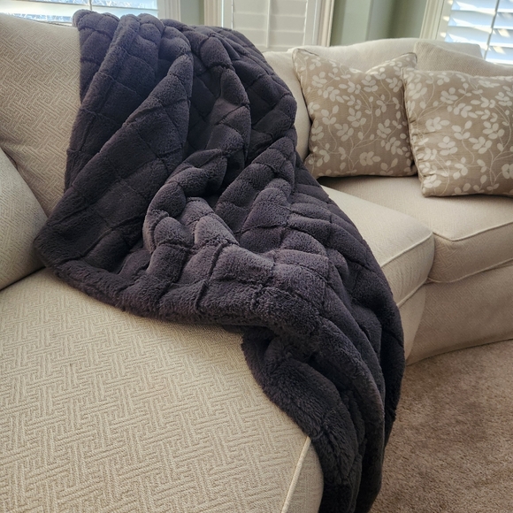 MINKY COUTURE Hugs Charcoal Plush Blanket Reversible Cozy 60 x 72 - Picture 5 of 6